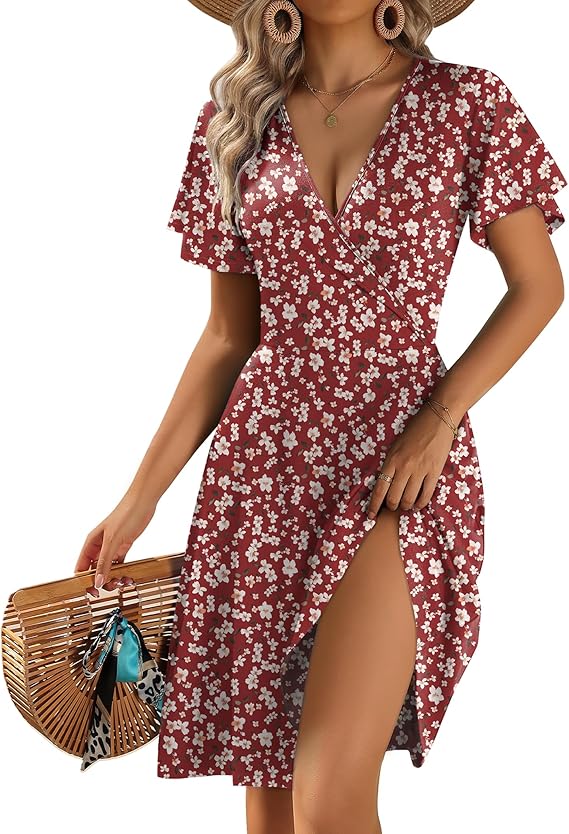 Zeagoo red floral wrap V-neck summer dress for women
